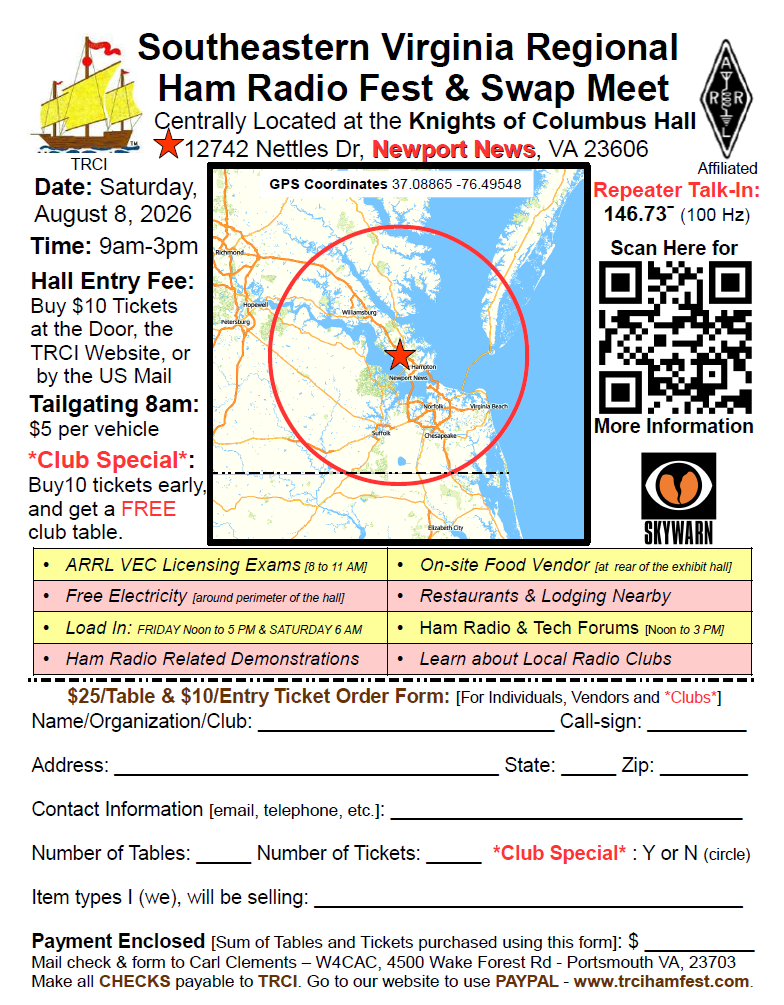 HAM FEST AUG 8th at Knights of Columbus Hall 12742 Nettles Dr. Newport News VA, 23606